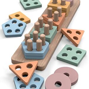 GOPO TOYS Montessori Toys for 18+ Months Old - Toddlers Wooden Sorting and Stacking Toys for Baby Boys and Girls - Shape Sorter and Color Stacker Preschool Kids Wood Gifts