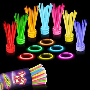 PARTY ON Glow Sticks Bulk Party Supplies. 100 Pack. 8 Inch Glow in the Dark Sticks, Light Up Party Favors. Neon Glow Bracelets and Glow Necklaces with Connectors. Glow Party Decorations