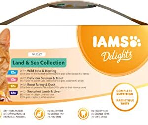 IAMS Delights Wet Food Land & Sea Collection for Adult Cats with Meat and Fish in Jelly, 48 x 85g