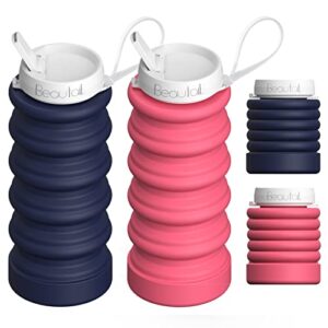 BEAUTAIL Collapsible Water Bottles 2 Pack Silicone Foldable Portable Water Bottle 20oz Spout Lid Reusable Leakproof for Travel Gym Camping Hiking Cycling Yoga Sports Outdoor, Dark Blue+Pink