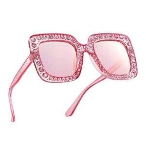 Amosfun sunglasses for women glasses rhinestone bling face mask bejeweled studded oversized flame- Women Oversized Square Crystal Thick- Frame Sunglasses Anti- UV Sunglass