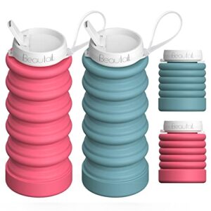 BEAUTAIL Collapsible Water Bottles 2 Pack Silicone Foldable Portable Water Bottle 20oz Spout Lid Reusable Leakproof for Travel Gym Camping Hiking Cycling Yoga Sports Outdoor, Blue+Pink