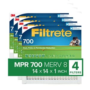 Filtrete 14x14x1 AC Furnace Air Filter, Merv 8 MPR 700, Dust, Pollen, & Pet Dander, 4-Pack (exact dimensions 13.69x13.69x1.56)