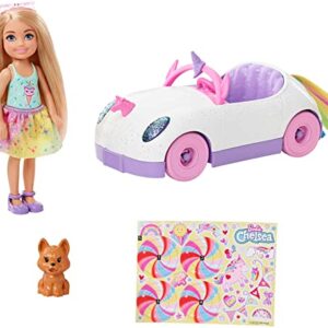 Barbie Club Chelsea Doll (6-inch Blonde) with Open-Top Rainbow Unicorn-Themed Car, Pet Puppy, Sticker Sheet & Accessories, Gift for 3 to 7 Year Olds